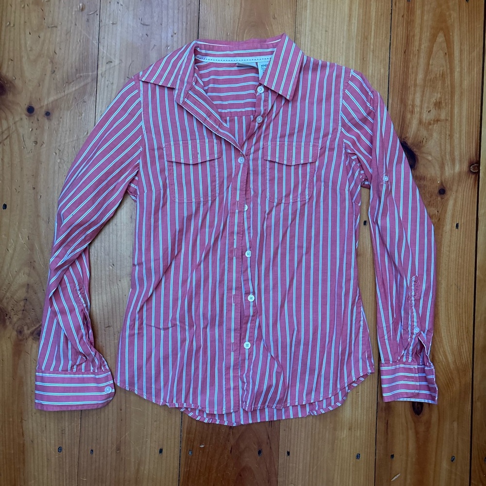 L.L. Bean Coral and White Striped Shirt